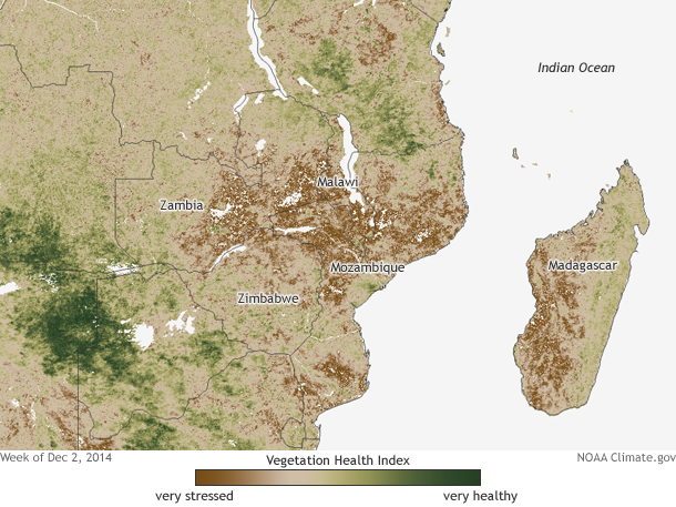 Map showing satellite-based Vegetation Health Index (VHI) for 2014, week 48 (spanning part of the last week of November and the first week of December) in Southern Africa