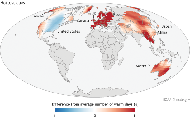 Global map of hottest days in 2014 compared to average.