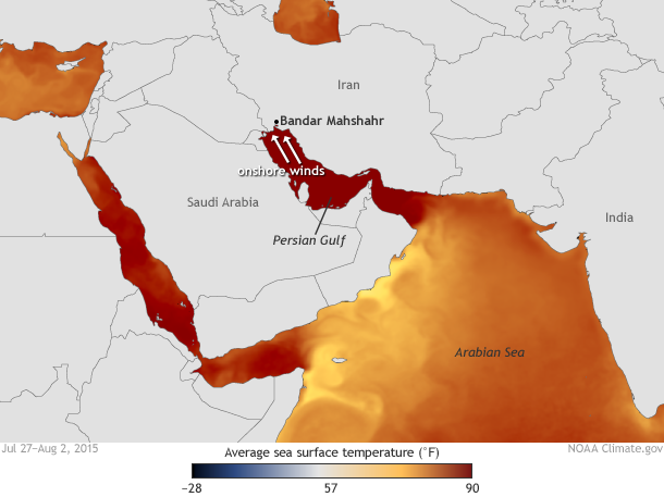 Map showing the average sea surface tempratures for the week of July 27 - August 2, 2015 for locations in the Persian Gulf, Arabian Sea, and Red Sea