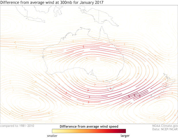 Map showing 300mb wind anomaly across Australia during January 2017