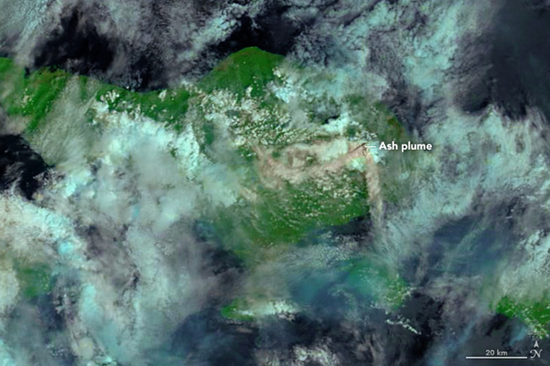 False-color satellite image of an ash plume from Mt. Agung volcano