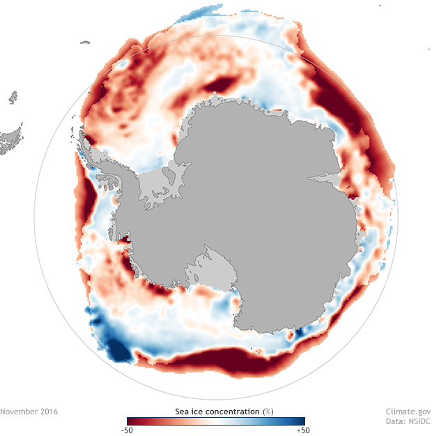 Antarctic sea ice concentration anomalies in November 2016