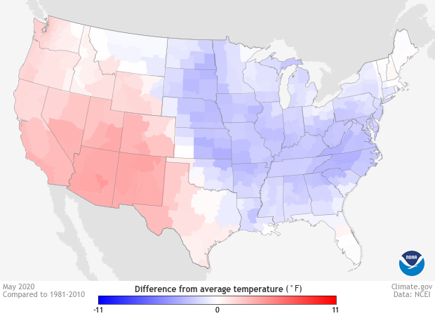 U.S. map of temperature anomalies