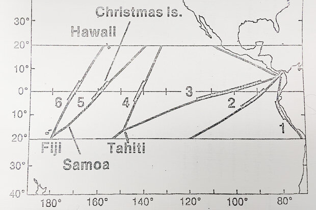Diagram of ship tracks through the Pacific Ocean
