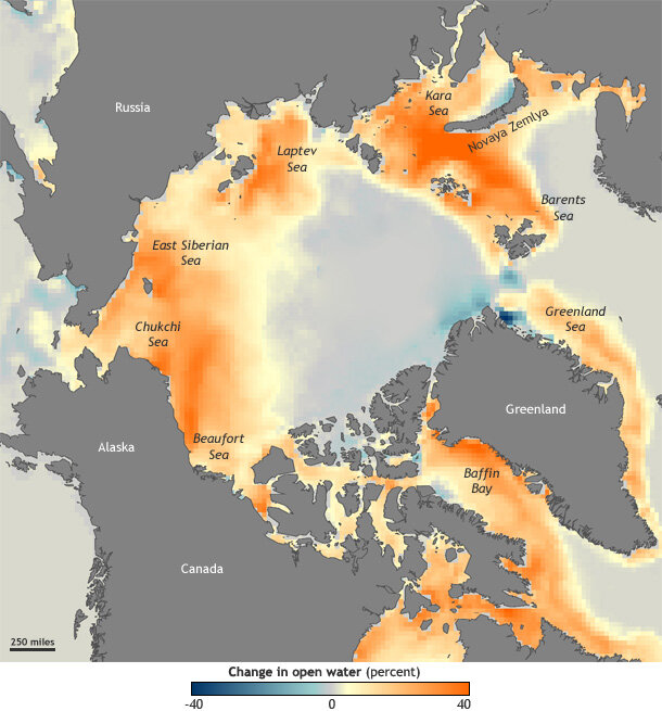 Map of changes in percent of open water in the Arctic.