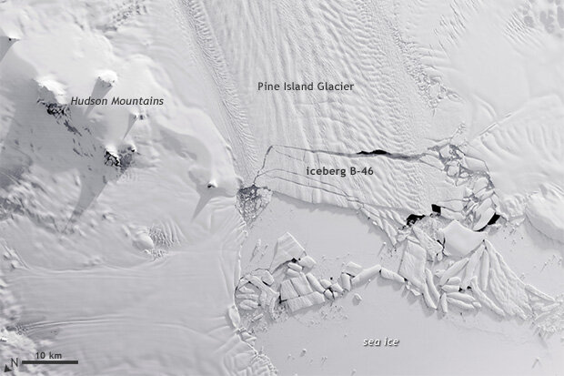 Satellie view of the calving front of Pine Island Glacier as a massive iceberg splits off