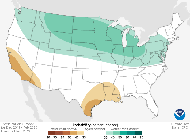 Map of winter precipitation outlook for December-February 2019-2020 issued on November 21, 2019