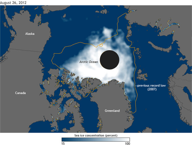 Arctic sea ice extent map August 26, 2012