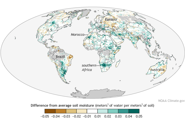 Global map of soil moisture across the globe in 2014 compared to the average from 1991 to 2012.