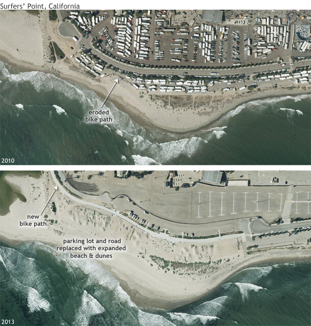 A pair of satellite images showing Surfer's Point before and after restoration
