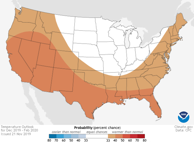 Map of winter temperature outlook for December-February 2019-2020 issued on November 21, 2019