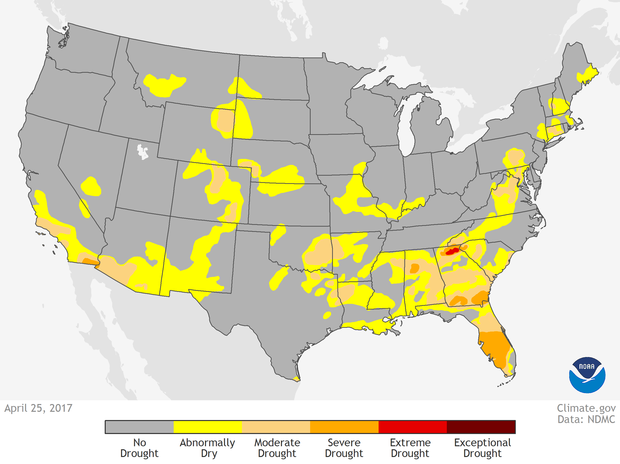 CONUS map showing drought conditions across the United States as of April 25, 2017