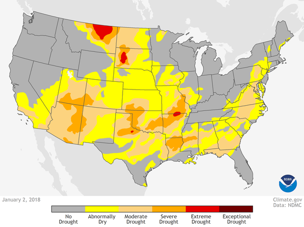 CONUS map showing drought in the U.S. as of January 2, 2018 based on data from National Drought Monitor project.