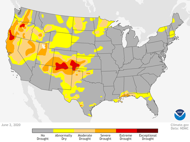 U.S. map of drought conditions as of Jun 2, 2020