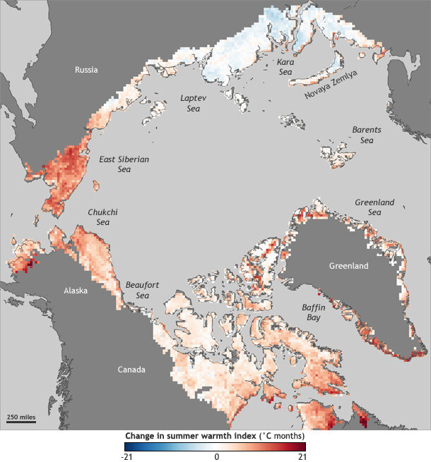 Map of changes in the sum of monthly average temperatures above freezing between 1982 and 2010 in the Arctic.
