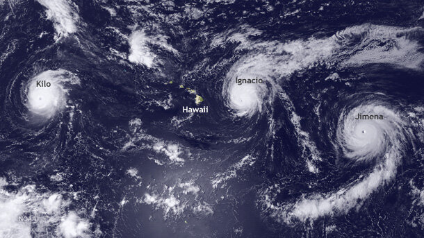 Satellite image of record-breaking trio of Pacific hurricanes, Kilo, Ignacio, and Jimena on August 31, 2015
