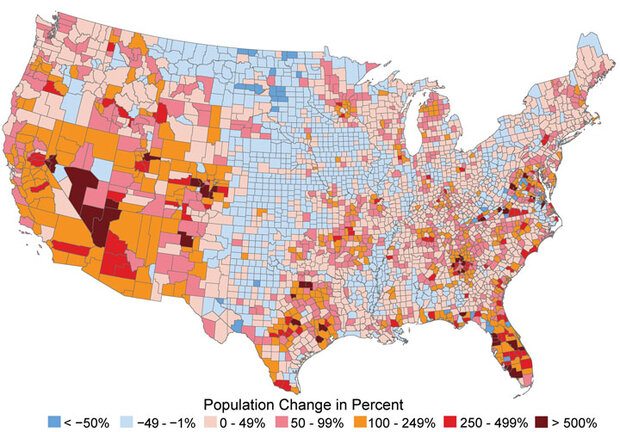 Map of contiguous United States showing population change by county