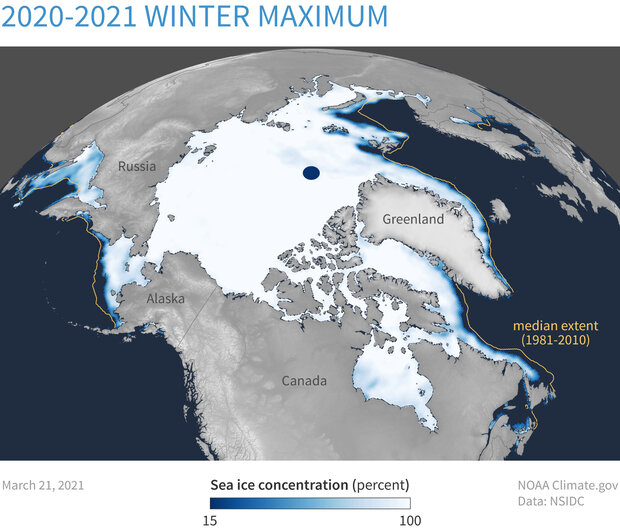 spherical map of Arctic sea ice extent on March 21, 2021