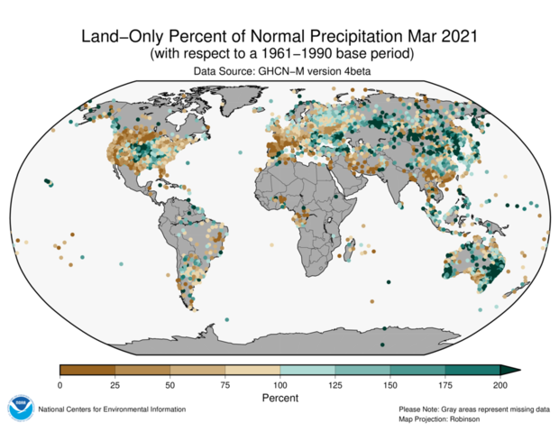 map of precipitation anomalies over land in March 2021