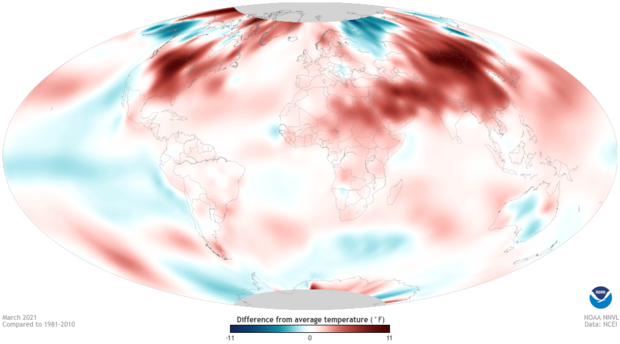 global map of temperature anomalies in March 2021 