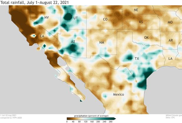 Map of percent of average precipitation from July 1–August 22, 2021, over the US Southwest and Northern Mexico