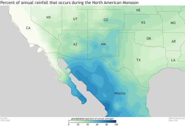 Map of percent of average precipitation that arrives during the annual monsoon in the Southwest