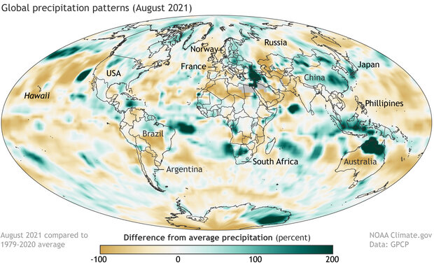 Map of global precipitation patterns in August 2021
