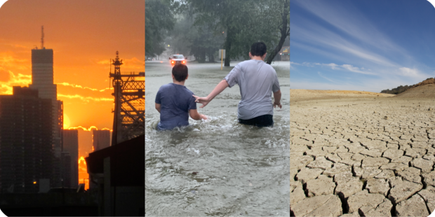 Photo of photos showing a city, people wading through waist-high floodwater, and a dry lake bed
