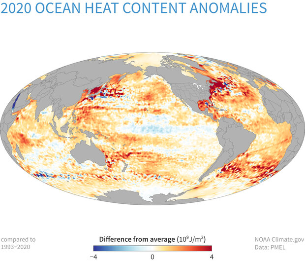 Global map of upper ocean heat content in 2020 compared to average