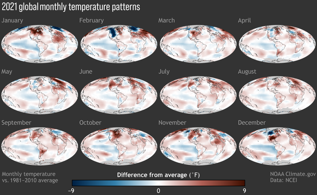 Rows of small maps of global temperatures each month of 2021