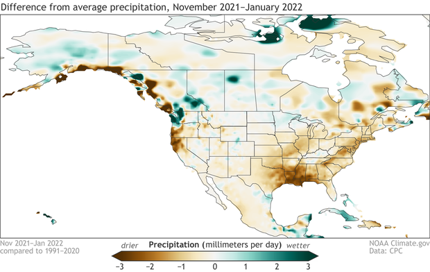 Precipitation anomaly map for North America for November 2021-January 2022