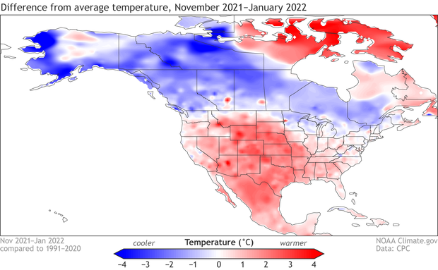 Map of temperature across North America for November 2021-January 2022