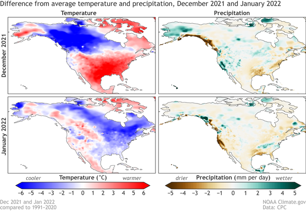 Maps comparing temperature and precipitation across North America in December 2021 versus January 2022