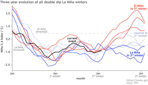 Line graph of tropical Pacific temperatures for all previous two-year La Niñas