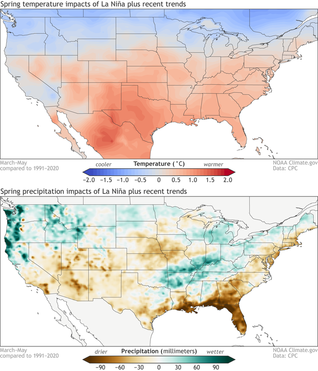 Maps of U.S. temperature (top) and precipitation (bottom) patterns typical of La Niña and recent trends