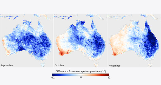 Trio of monthly maps of surface temperature in Australia in Sep, Oct, and Nov 2010
