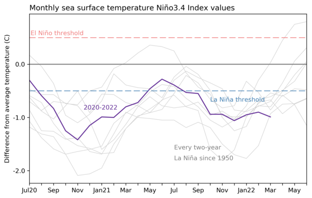 Line graph of tropical Pacific temperature anomalies for current La Niña compared to all other multi-year La Niñas