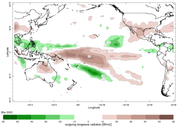 Map of Pacific Ocean basin showing below-average cloud cover near the equator in the central-east Pacificrch 2022 that are i