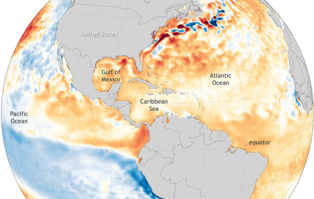 Globe-style map showin April 2022 sea surface temperatures comapred to average