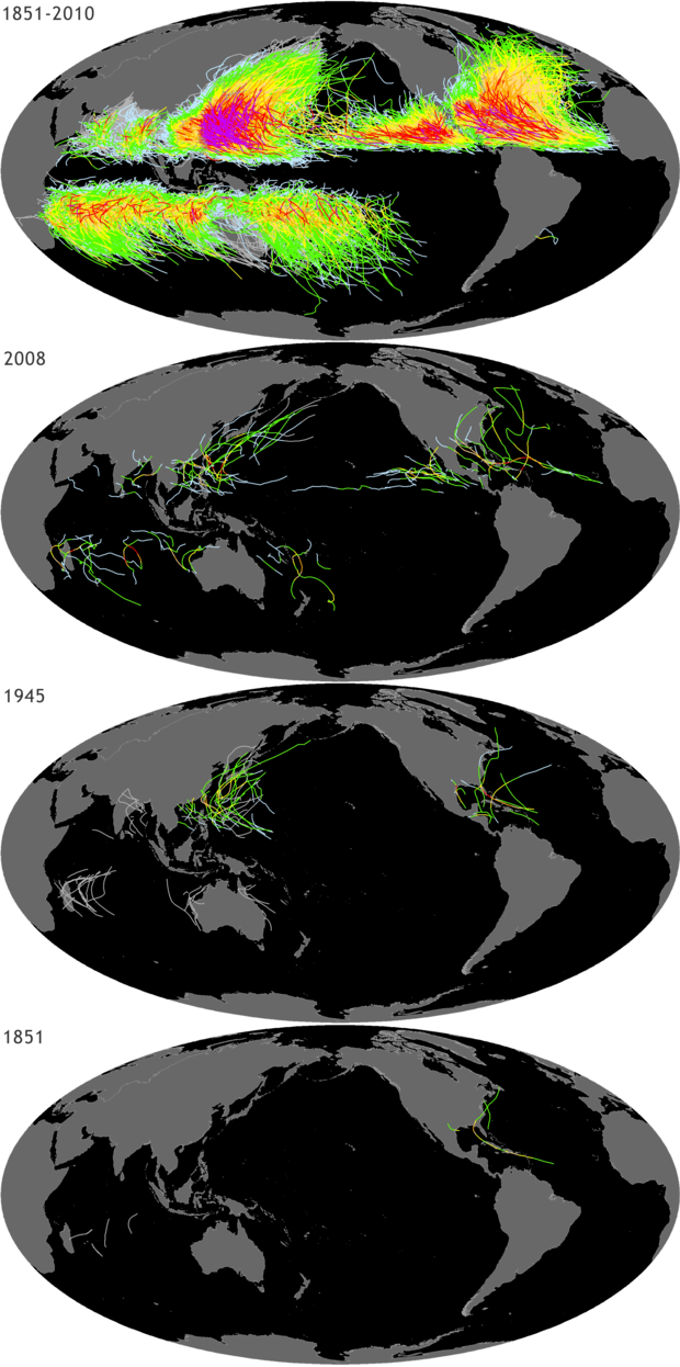 Four global maps showing tropical cyclone tracks for all years 1851-2010, 2008, 1945, and 1851