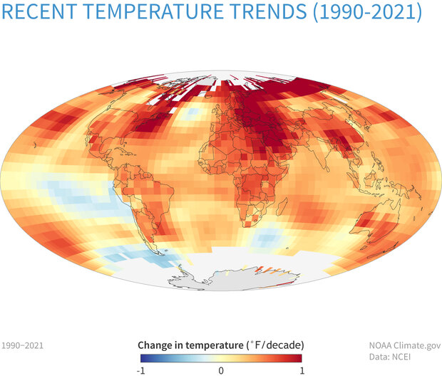 Global map of temeperature trends 1990-2021