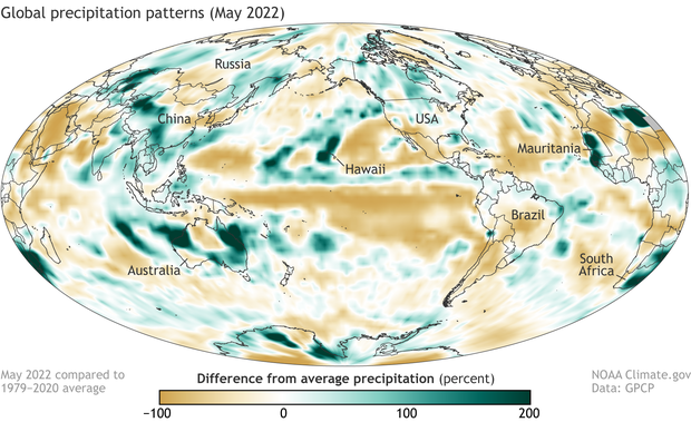 Global map showing percent difference from average precipitation in May 2022