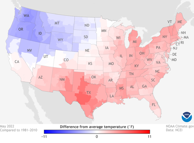 Map of temperature anomalies across the contiguous U.S. in May 2022