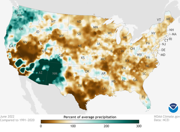 Map of percent of average precipitation across the U.S. in June 2022