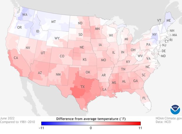 Map of U.S. temperature anomalies in June 2022