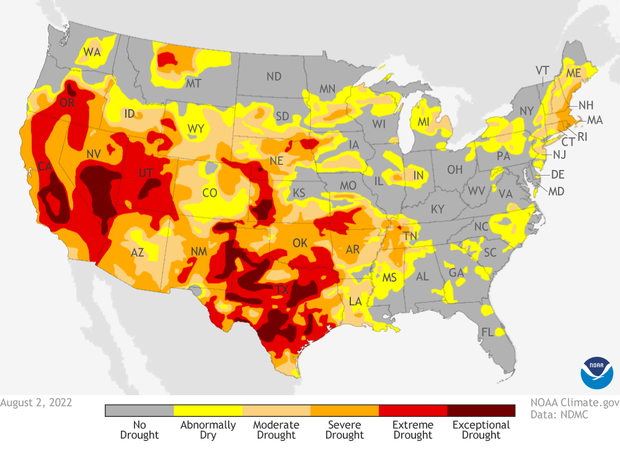 Map of drought conditions across the U.S. in early August 2022