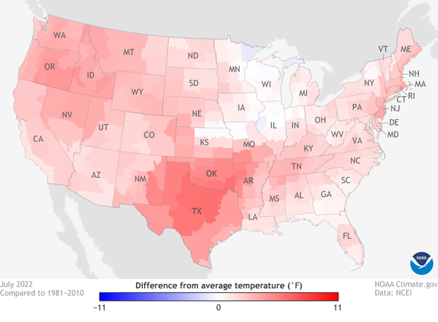 Map of temperatures across the contiguous United States in July 2022 compared to average