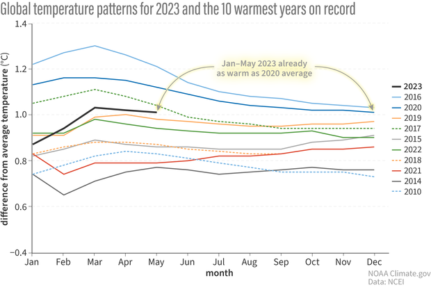Line graph of year-to-date temperature anomalies by month for top 10 warmest years on record and 2023