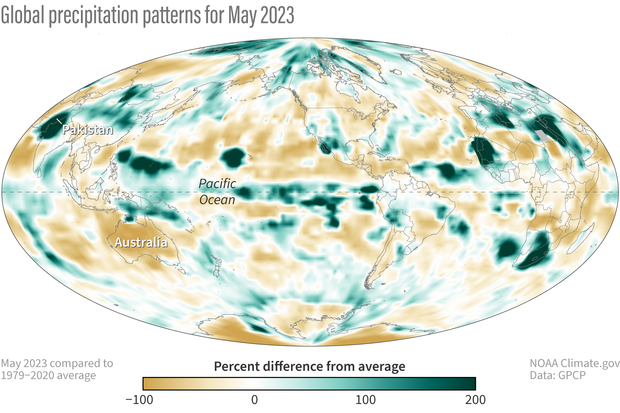 Global map of May 2023 precipitation patterns