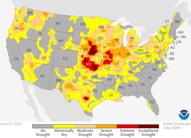 Map of drought conditions across contiguous United States as of Jun 27, 2023